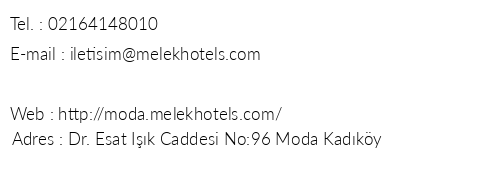 Melek Hotels Moda telefon numaralar, faks, e-mail, posta adresi ve iletiim bilgileri